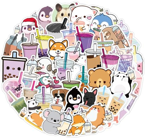 VIVIIHOO Paket med 100 Bubble Tea klistermärken - Söta tecknade djurklistermärken för album, anteckningsböcker och scrapbooking - Vattentäta och självhäftande - Perfekt för bärbar dator, cykel,
