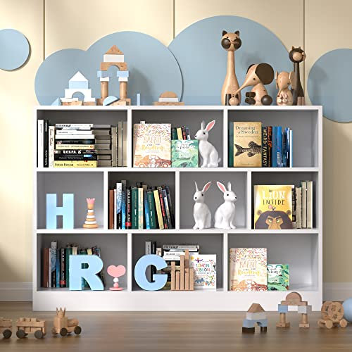Cozy Castle Bücherregal, Freistehendes Holzragal mit 10 Offenen Fächern, Würfelregal mit Anti-Kipp Design, Standregal für Kinderzimmer, Büro, Weiß