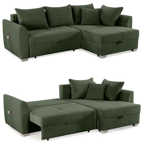 Cord Ecksofa B236/T160/H81 cm mit Schlaffunktion und Bettkasten, Tasche in der Armlehne, L-Couch mit Ottomane ausziehbar, links oder rechts montierbar, Bezug Cordstoff in Grün / 15207