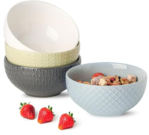 HASENSE Ceramic Cereal Bowls Set of 4, 26 OZ Soup Bowls, Embossed Stoneware Porcelain Bowls for Cereal, Soup, Oatmeal, Salad, Noodles & Rice, Microwave & Dishwasher Safe, Multi-Color