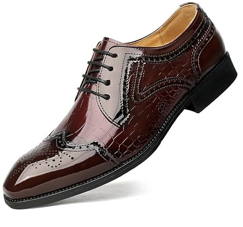 Kanggrei Zapatos Derby de Punta Cuadrada for Hombres con Cordones de Cuero PU Brogue en Relieve Wingtips Patchwork a Cuadros Zapatos Oxford de Negocios clásicos(Color:Rojo,Size:43 EU)