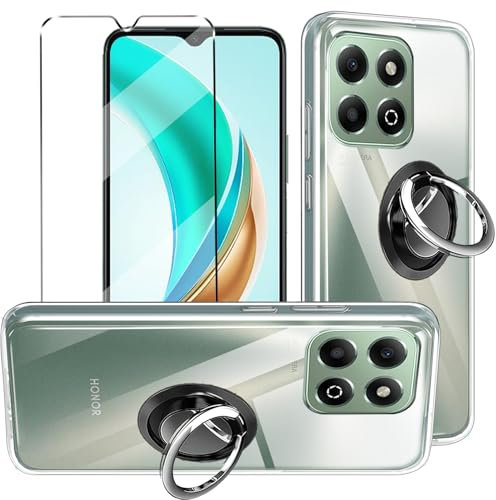 HuiYouMY 3-in-1 Case + Phone holder Ring Compatible with Honor X6B Cover with 1 Pack Tempered Glass Screen Protector for Honor X6B, Slim Fit Soft TPU Shockproof Anti-Scratch Phone Case Cover - Clear