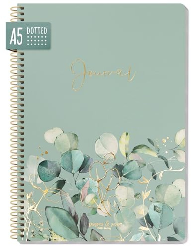 paper&you® Dotted Journal prickad A5 med spiralbindning Minty Leaves 160 sidor, anteckningsbok spiral, collegeblock, spiralblock - hållbar & klimatvänlig