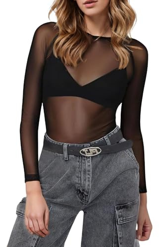 Damen Sexy Oberteil Transparentes Shirt Schwarz Mesh Sheer Oberteile Langarmshirt Bluse Casual ops Tüll Clubwear Party Tops Netzoberteil (DE/NL/SE/PL, Alphanumerisch, XL, Regular, Regular, schwarz)