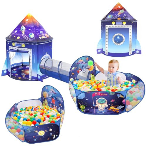 3 in 1 Rocket Ship Play Tent with Ball Pit Tunnel for Kid Astronaut Space 3PC Playhouse Indoor Outdoor Foldable Pop Up Tent Set Bluey Toddler Toys for Boy Girl Baby Child Birthday Party