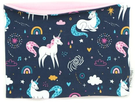 Kleine Könige Loop Schal Kinder Mädchen bis 10 Jahre · Modell Unicorn Regenbogen Einhorn marine · Innen Fleece rosa · Made in Germany