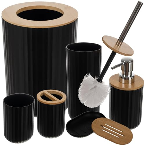 Badezimmer-Set 6-teilig 2 Farbvarianten mit Bambus Seifenspender Zahnputzbecher Zahnbürstenhalter Seifenschale Kosmetikeimer WC-Bürste 24635 (Schwarz)
