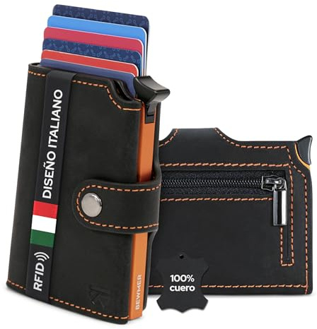 BEWMER v2 Kartenetui aus Echtleder mit RFID-Schutz & Anti-Cloning - Damen & Herren Geldbörse mit Münzfach & Platz für 9 Kreditkarten - Portemonnaie Herren & Damen mit Clipverschluss |Schwarz-Orange