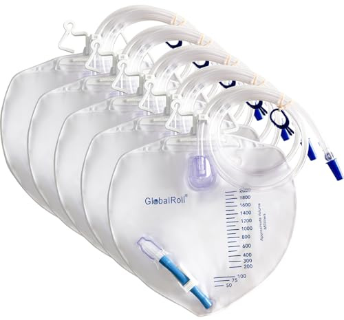 GlobalRoll Urinary Drainage Bag with Anti-Reflux Chamber, Bedside Drainage Bag 2000 mL with 48 Drainage Tube, Hook Hanger and Clips, Urine Bag with Plastic Buckle for Home and Hospitals, 5 Pack
