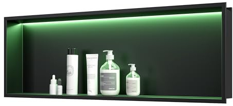 Qeke RGB Shower Niche, 304 Stainless Steel LED Shelf, 90cm, Black | IP66 Light Strip, Customisable Light, Tile-Free Install, Rust-resistant, Waterproof, Easy to Clean