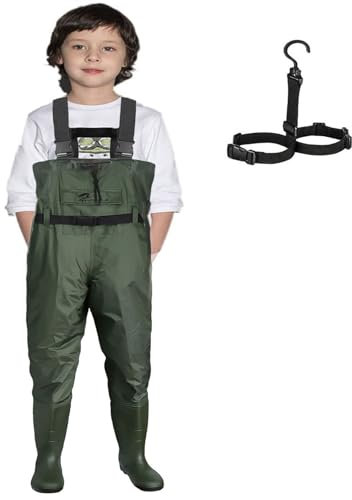 Croch Kinder Wathose wasserdicht mit Gummistiefeln - ideal zum Angeln und für Outdoor-Aktivitäten, grün, EU 35