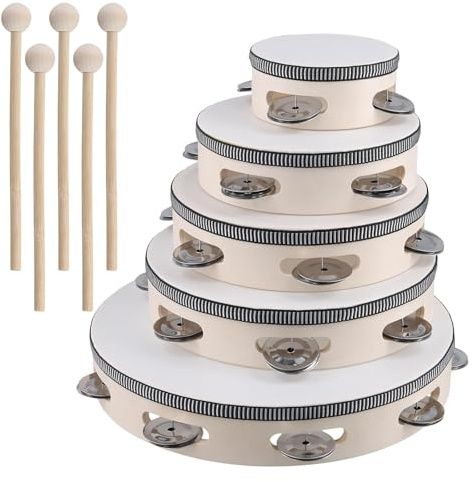 5 Stück Tamburin Set mit Schlägel, 10cm 15cm 17,5cm 20cm 25cm Tambourine | Holz Handtrommel mit Schellen, Tambourine Instrument für Rhythmisches Lernen, Percussion Performance