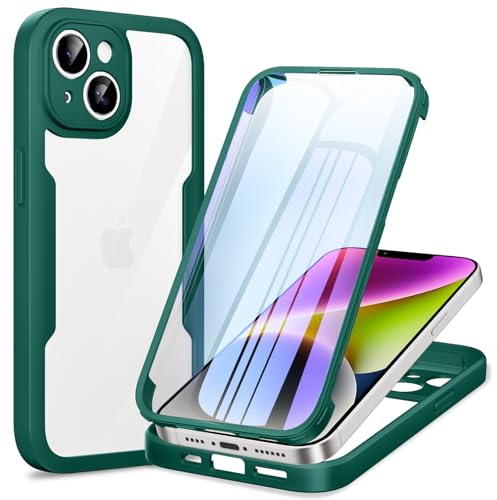 Phoona Cover per iPhone 14 con Pellicola Protettiva Trasparente, Antiurto Silicone Custodia 360 Gradi Full Body Protezione, AntiGraffio Robusta Cover per iPhone 14, Verde