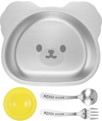 MICHIHOMIE Edelstahl Kinderteller mit Silikon Saugnapf, Baby Teller mit Löffel und Gabel, Sicheres Langlebiges und Rutschfestes Baby Geschirrset