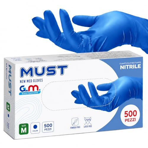 G.M. DISTRIBUZIONE 500 Guanti Nitrile Blu M senza polvere, senza lattice, ipoallergenici, Guanti Monouso Nitrile per Ospedali, Estetisti, Case di Cura e Pulizia della Casa
