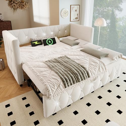 Miyemo Daybed with Pull Out Trundle, 3ft Sofa Bed with Charging-Sations, Upholstered Single Bed Frame for Living Room and Bedroom, Velvet, 90 * 190cm, Beige, (No Mattress)