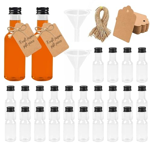 Spetsbst 24 piccole bottiglie da riempire, 50 ml, mini flaconcini di liquore con coperchio e imbuto in plastica, piccole bottiglie shot in plastica per matrimoni e feste