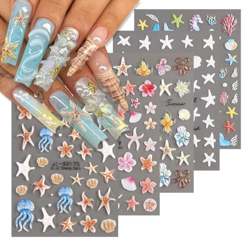 CharmeFleur Ocean Life 5D Embossierte Nagelkunst-Sticker Aufkleber 5 Blätter Seestern Musch Quelallen Hibiskus Blumen Selbstklebende Nagel-Aufkleber Sommer Meeres-Thema Nagelzubehör