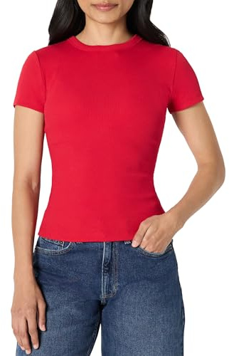 Amazon Essentials Haut Ajusté à Manches Courtes en Maille Côtelée Extensible Femme, Rouge, S