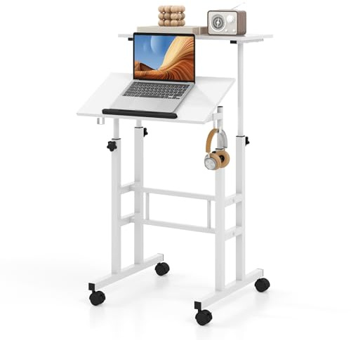 COSTWAY Stehpult Höhenverstellbar, mobiler Computertisch mit Rollen, neigbarer Tischplatte & 2 Haken, Schreibtisch, Steh-Sitz-Tisch, Laptoptisch für Zuhause, Büro (Weiß)