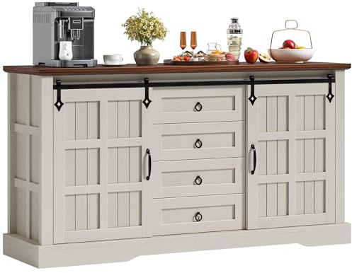 DWVO 59 Sideboard Buffet Cabinet with Storage, Kitchen Storage Cabinet with Sliding Barn Doors and 4 Drawers for Living Room/Kitchen, White Oak