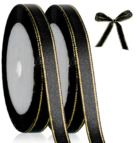 2 rotoli di nastro di raso nero da 45 m con bordi dorati, 9,5 cm con bordo dorato, per albero di Natale, confezioni regalo, fai da te, decorazioni natalizie, ghirlande, inviti (nero)