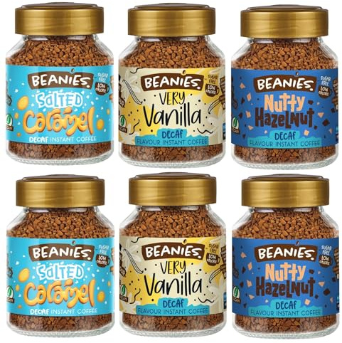 Beanies Flavoured Instant Coffee Decaf Variety Pack - 6 x 50g jars - Salted Caramel, Nutty Hazelnut and Very Vanilla