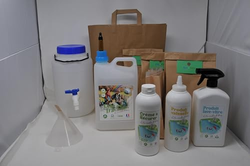 Kit Eco-Style-Lessive écologique et Produits ménagé Maison-Lessive+Crème à récurer+Produit Vaisselle & lave vitre-Cendre de bois–Écologique & Économique- (Ambre Marine)
