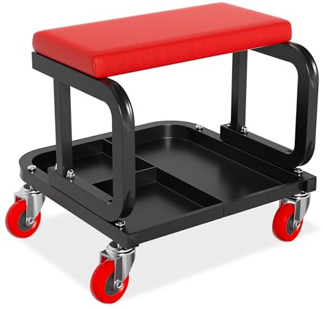 FIVMEN Sgabello da officina con ruote, da officina, con ripiano, da lavoro, da garage, capacità di carico 150 kg, 36 x 36 x 35 cm