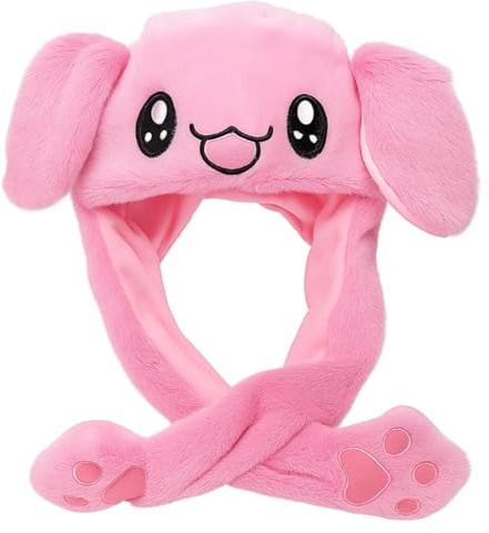 Grion Cherry Plush Red Cute Bunny Ear Hat - Heart Pink Accent Playful Long-Ear Anime Character Style - Warm Wear Party Outfit Outdoor Dress Up Cartoon Headwear for Women Girls