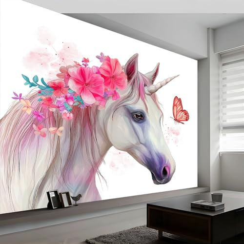 Carta da Parati Panoramica Acquerello Fiori Cavalli, Foto Murale Moderna 200L x 140A cm - Carta da Parati Decorazione Casa Stile Minimalista per Soggiorno Camera dei Bambini Ufficio
