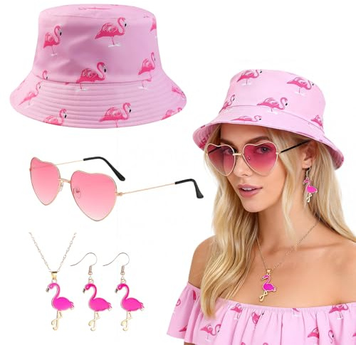 5 Stück Set Fischerhut Lustig, Malle Accessoires, Pinker Flamingo Hut mit Herz Brille Halskette Ohrringe, Malle Outfit Damen Flamingo Geschenk, Sommer Party Festival Outfit für Damen JGA Karneval