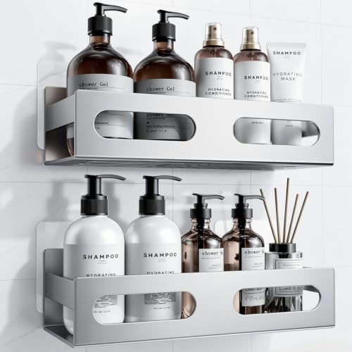 AIKER Estanteria Baño,Versión Mejorada del Diseño Originalhermosa/Gruesa/Super Buena/Estable Estanteria Ducha Sin Taladro,Acero Inoxidable Sus 304 Estanteria Baño Autoadhesivo Y Pre-Perforado (Plata)