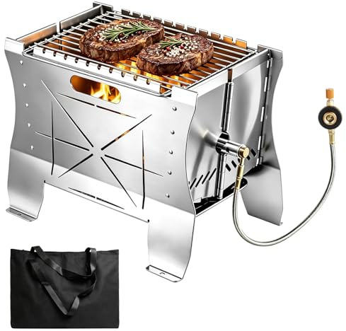 RugoTech Barbecue pliable 2 en 1 - Barbecue de camping portable pour gaz et charbon de bois (gaz/charbon non inclus) - Pliable, mini et léger (4 kg), acier inoxydable - Idéal pour le camping, le