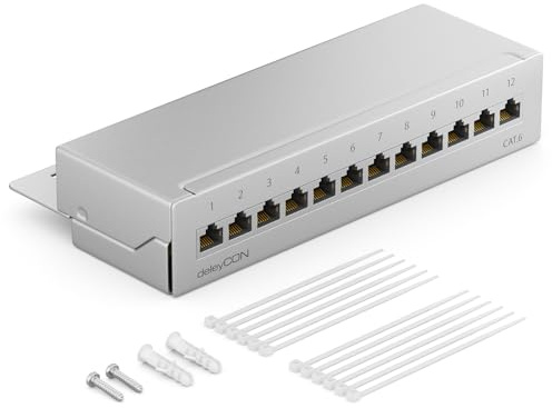 deleyCON CAT 6 Patchpanel Verteilerfeld 12 Port RJ45 - Grau | Desktop & Wandmontage, geschirmt, 12x RJ45 Buchse, TIA568A TIA568B