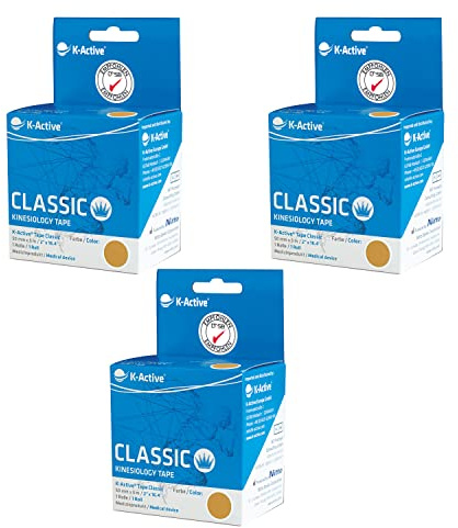 K-Active Kinesiologie Tape Classic BEIGE, wasserabweisend und hypoallergen, 50 mm x 5 m, 3 Rollen