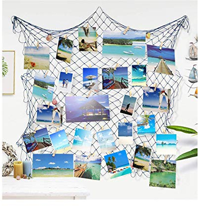 Fotorahmen zum Aufhängen, nautisches Fischnetz mit Muscheln und Clips für Schildkröte, Badezimmer, Schlafzimmer, Wohnheim, Wand, Geburtstag, Ozean, Motto-Party-Dekorationen (blau)