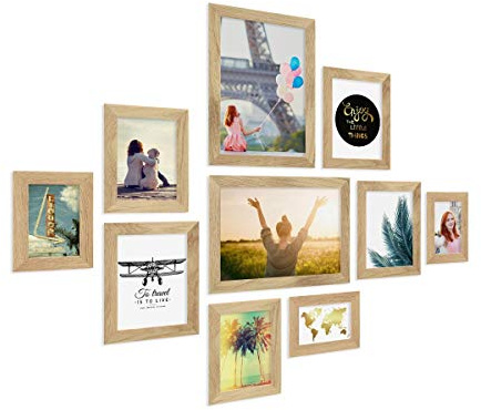 PHOTOLINI Bilderrahmen Set Holz, Fotorahmen Holz Echtholz, 10er Bilderrahmenset Wand Collage, photo frames for wall mit Acrylglas aufhängen, Eiche Bilderrahmen Set verschiedene Größen mit Zubehör