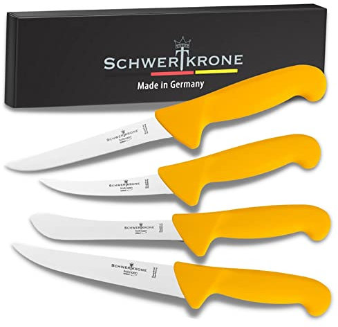 Schwertkrone® Metzgermesser Set 4-Teilig [MADE IN SOLINGEN - DE] - Schneidemesser - Solinger Küchenmesser Set - Kitchen Knife - Schlachtermesser - Messerset Edelstahl - Koch Messer - Messerset Küche