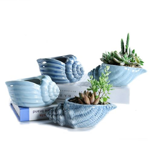 SUN-E Blaue Muschel Ozean Keramikbasis Serien-Set Sukkulenter Blumentopf Kaktus Behälter Pflanzgefäß Mit Drainageloch - Perfekte Geschenkidee 14cm 4 Im Set