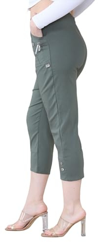 Italian Fashion Ladies Summer Three Quarter | Capri Cropped 3/4 Pants | Stretch Fit Elasticated Waistband Trousers | 2 Side Pockets (Khaki, UK 16)