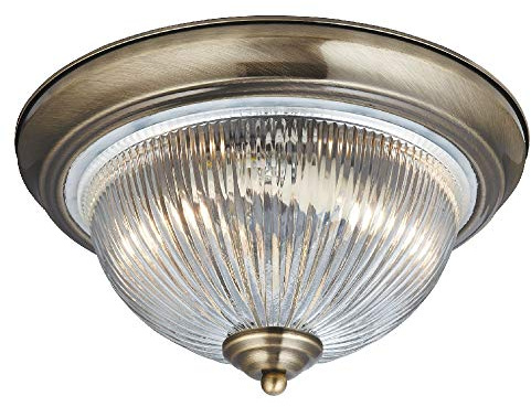 Britalia Antique Brass & Clear Ribbed Glass Bathroom Vintage Round Flush Ceiling Light 290mm | 2 x E14 SES Lamp Bulbs Required (Not Included) | IP44 Rated | Suitable for Outdoor Use