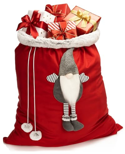 COM-FOUR® Premium XL Weihnachtssack, roter Geschenkesack zum Befüllen | Weihnachtsbeutel mit Bommeln & Wichtel als Dekoration und tolle Geschenkverpackung