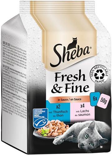 Sheba Fresh & Fine in Sauce - Hochwertiges Katzen Nassfutter - Lachs und Thunfisch (MSC) - Für die tägliche Abwechslung im extra kleinen Portionsbeutel - 36 x 50g