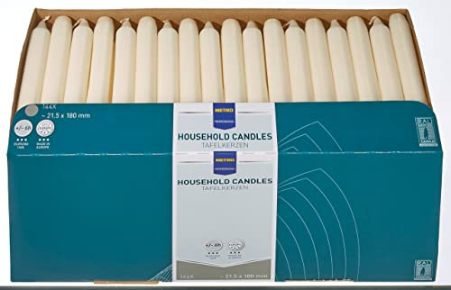 METRO Professional Tafelkerzen, 144 Stôck, elfenbein, ¿ 21.5 mm (180 mm lang), 6h Brenndauer, Gastronomiebedarf, Gastronomiekerzen, Gerade Kerzen, Household Candles, Made in Europe,m Unparfômiert