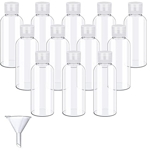 SPEACOUR 12 Stück Reiseflaschen Set 50ml Plastikflasche Transparent Leere Kosmetik Reisebehälter Mini Luftflaschen PET Reise Duschgel Behälter mit 1 Klein Trichter Kosmetikflaschen zum Befüllen | Mit Trichter, Nachfüllbar, Auslaufsicher, Für Shampoo, Duschgel, Lotion, Flüssigseife Und Reisen