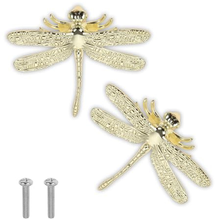 SURIEEN Gold Dragonfly Drawer Knobs Brass Finish Cabinet Handles | Brass finish with elegant dragonfly motif for dressers, wardrobes, cupboards & cabinets. suits modern & traditional decor
