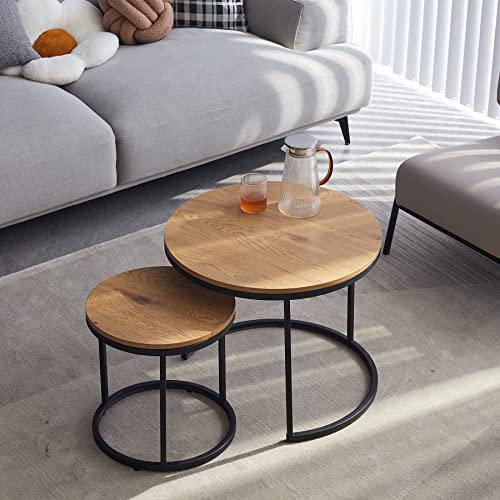 GrandCA HOME Set mit 2 runden Beistelltischen 2-in-1 Kombination Nordic Tavolino Tischplatte mit Dichte und Stahl, 45 x 60 x 60 cm, industrieller Stil (Hellbraun)