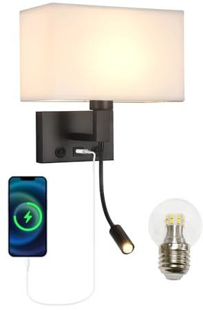 Moon rural Black Wall Sconces, Hardwired Wall Lamp with USB Port and Reading Lamp, Fabric Shade Bedside Wall Lights with Reading Lamp for Bedroom Living Room Hotels Corridors (Black)