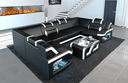 Sofa Wohnlandschaft Padua Ledersofa U Form - mit LED Beleuchtung, verstellbare Kopfstützen/Lederfarben wählbar (Schwarz-Weiß)